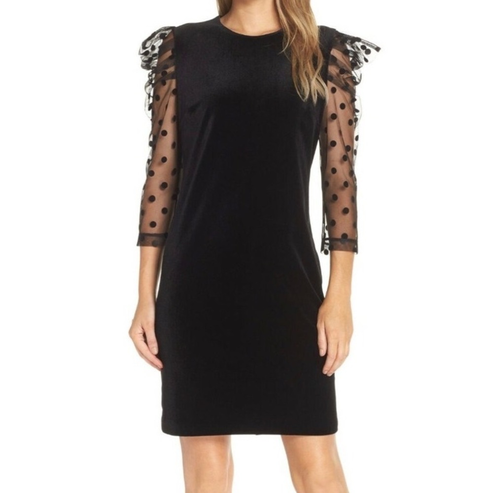 Black Velvet Mini Dress with Mesh Sleeves Polka Dots Size 6